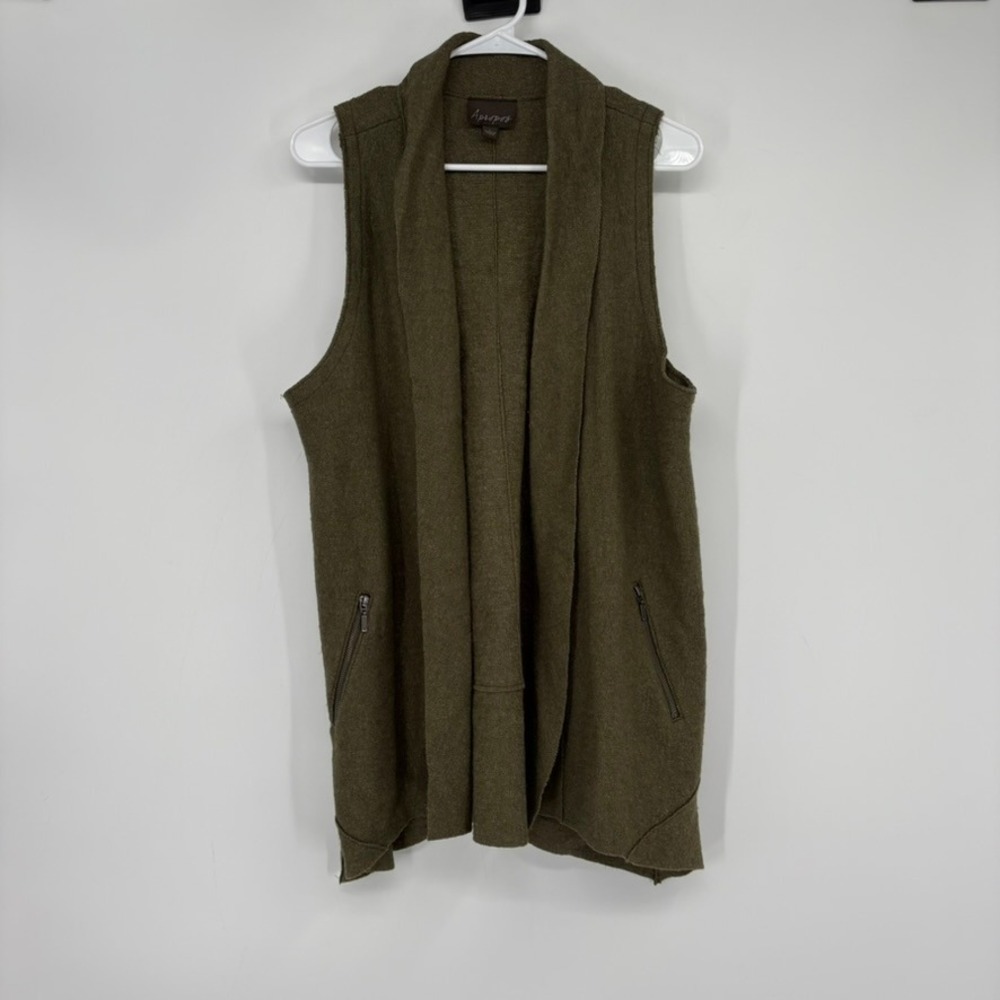 Apropos Vest Womens L Olive Green Rayon Wool Blend‎ Open Front Shawl Collar